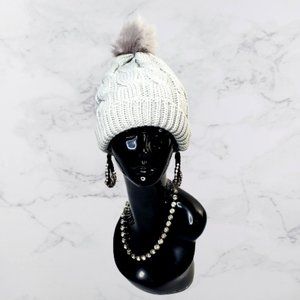 Women Silver Knit Cable Beanie Faux Fur Pom.